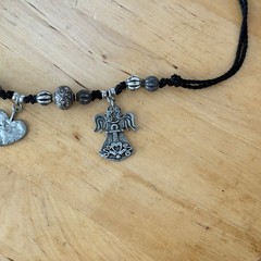 Vintage Signed MARCIE Beaded Pewter 3 Angels Cord Necklace Faith, Hope & Charity