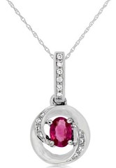 ESTATE 0.24CT DIAMOND & RUBY 14KT WHITE GOLD OVAL & ROUND SWIRL FLOATING PENDANT