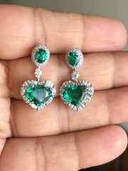 Heart Oval Simulated Emerald Simulated Diamond Halo Dangle Earrings 925 Silver