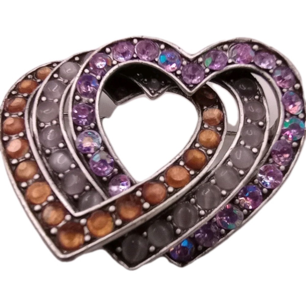 Vintage Liz Claiborne Triple Heart Brooch Amber Grey Purple Rhinestone Pin 2 in