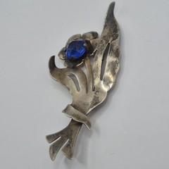 Vtg Sterling Silver Flower/Floral Brooch Pin Spring Blue Rhinestone Patina 3.5″