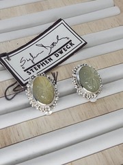 Vintage Stephen Dweck Sterling Silver Carved Prehnite Clip-On Earrings NOS Rare