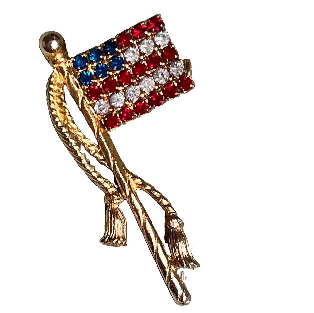 Vintage American Flag Pin Brooch Red White Blue Rhinestones Gold Tone USA