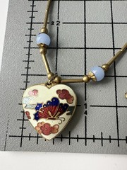 Vintage Double Sided Cloisonne Butterfly & Flowers Heart Pendant 18”