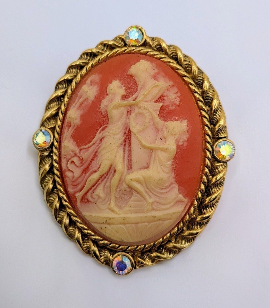 Vintage Figural Cameo Brooch Pendant Classical Scene AB Rhinestones Gold Tone
