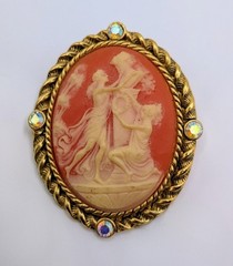 Vintage Figural Cameo Brooch Pendant Classical Scene AB Rhinestones Gold Tone