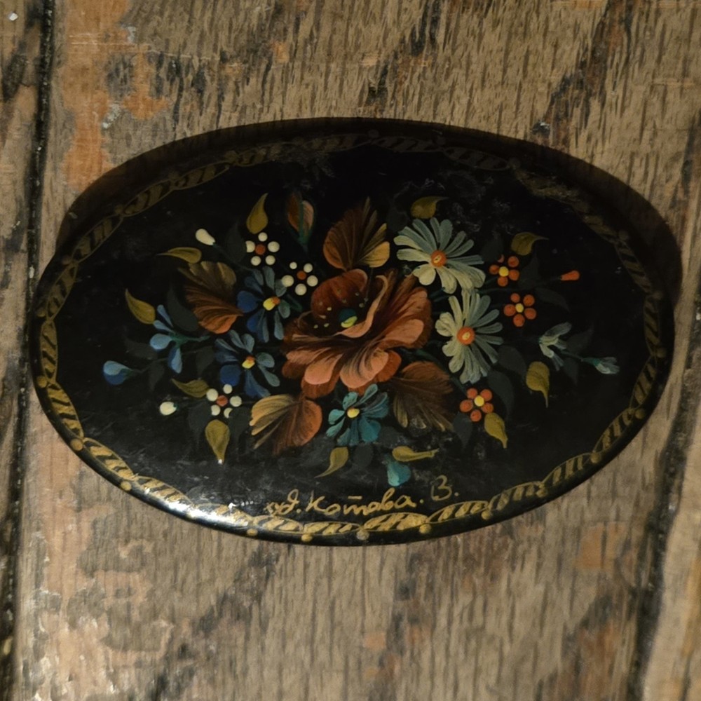 Hand Painted Russian Lacquer Floral Brooch Pin Signed Kotova V Made in Russia