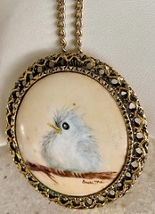 Vtg Hand Painted Porcelain Bird Brooch Pendant Necklace Ornate Signed Anna Mae