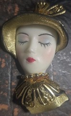 Beautiful Lady Head Brooch Porcelain looking skin black gold guild with feather