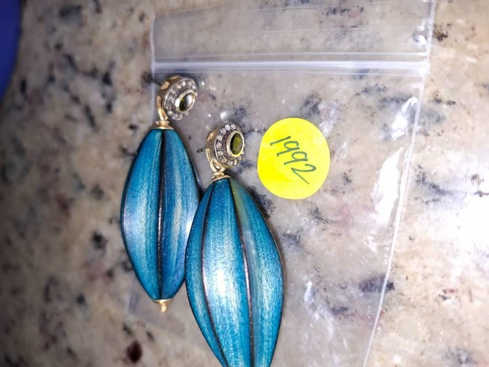 Vintage Designer 1992 Bronze Pave Gemstone Olive Tourmaline Blue Melon Earrings