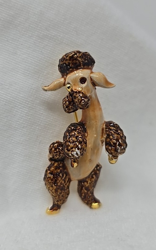 Vintage LG Linda Gal Brown & Gold Enamel Dancing Poodle Brooch Enamel Pin