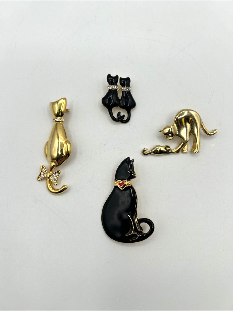 VTG Cat Brooch Pin Lot/4 Enamel Gold Tone Rhinestones Articulating Tail (1 VERO)