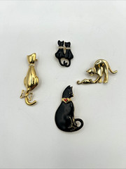 VTG Cat Brooch Pin Lot/4 Enamel Gold Tone Rhinestones Articulating Tail (1 VERO)