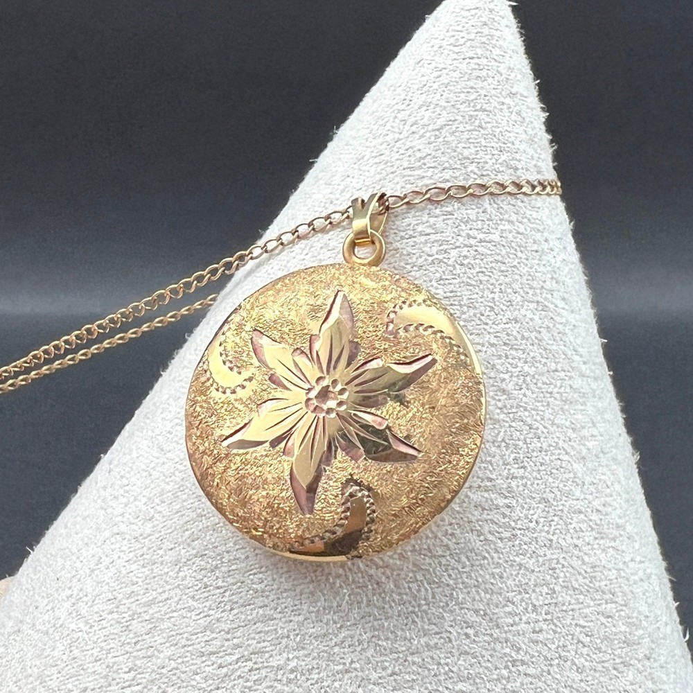 Vintage Locket Necklace Floral Senior Award 12KT Gold Filled Chain Marathon 18″