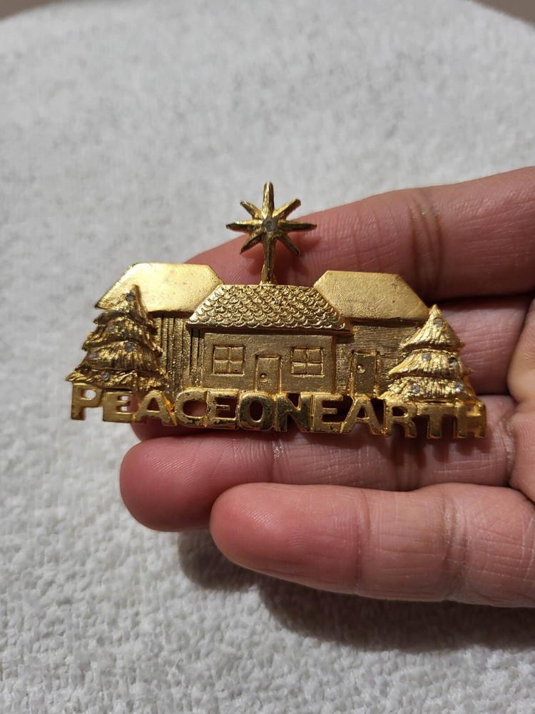 Vtg Signed Casual Corner PEACE ON EARTH Pin Brooch House tree rhinestone star