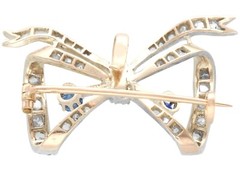 Antique French 0.45ct Sapphire and 0.93ct Diamond Yellow Gold Bow Brooch