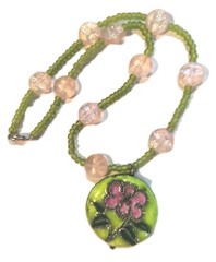 Vintage Cloisonne Flower Pendant Pink Green Glass Beads Metal Necklace Boho Gift