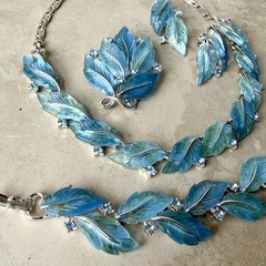 Vtg 1950s Lisner Frosted Blue Leaf Parure Set Necklace Bracelet Brooch Earrings