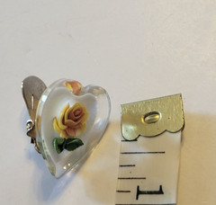 Vtg Estate Clip Earrings Acrylic Resin Heart Shaped Inlaid Yellow Rose Jewelry