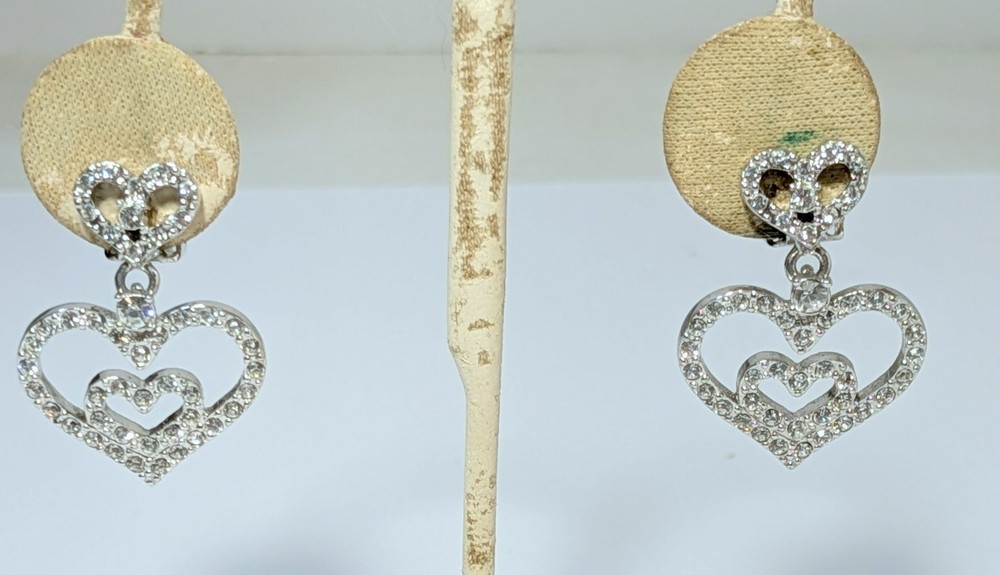 Nolan Miller Signed Crystal Triple Heart Silver Tone Dangle Clip Earrings