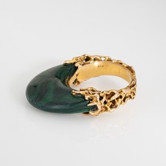 70s Vintage Malachite Brutalist Ring High Dome Sz 6.5 14k Yellow Gold Jewelry