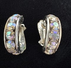 JJE205 Silver Plate Semi Circle Clip On Earrings w Colored zircons VTG