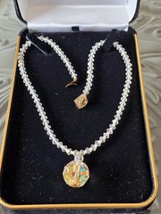 CZECH AURORA BOREALIS CRYSTAL BALL w CRYSTAL CHAIN PENDANT NECKLACE☆FILIGREE CAP