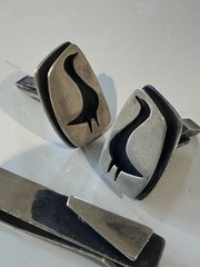 LORE Midcentury Modernist sterling silver CUFFLINKS with TIE BAR — Bird design