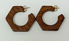 Vintage Boho Wooden Geometric Hoop Earrings Brown Hexagon Gold Tone Posts