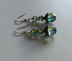 Vintage 925 Sterling Silver Blue Green Glass Bead Dangling Earrings 1.50” Ladies