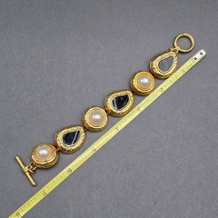 Vintage Gold Tone Black Enamel Faux Pearl Bracelet 7″ Panel Link Statement
