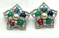 Sarah Coventry Multi-Stone Color Faux Pearl Filligree Clip Earrings Silver Tone