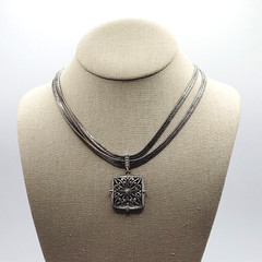 Napier Two Chain with Square Floral Filigree Ornate Silver Tone Pendant Necklace