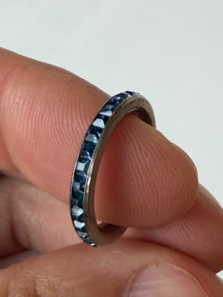 Vintage Crown Trifari Sterling Silver Channel Set Ring Blue Rhinestones 5-1/2