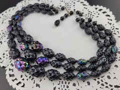 Signed W Germany Black Thermoset Lucite AB Spike Bead Waterfall Bib Necklace