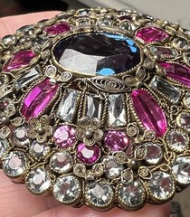 Vintage HOBE Filigree Clip Brooch Ruby Red Aqua & Clear Glass Stones