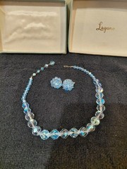 Vintage Laguna Aurora Borealis Blue Faceted Crystal Necklace Clip Earrings Set