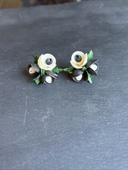Real Seashell Flower Earrings Vintage White and Black Shells Screw Back Closure