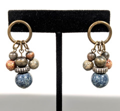 Bronze Tone Blue Bead Cluster Dangle Earrings Tribal Boho Western Retro