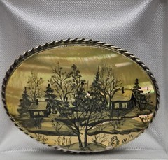 Vintage Russian ABA ’73 Hand-Painted Mother of Pearl Brooch Winter Scene Soviet