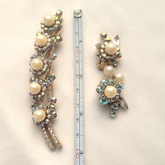 Juliana D&E Faux Pearl Bead AB Rhinestone Brooch Earring Book Piece Vtg Heirloom