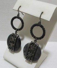 Vtg Gun Metal Black Wrapped Grey Lucite Disk Dangle Earrings Pierced