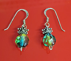 VTG 925 Faceted Glass 1in Drop Earrings Sterling Silver 2gtw Blue Green Swirl