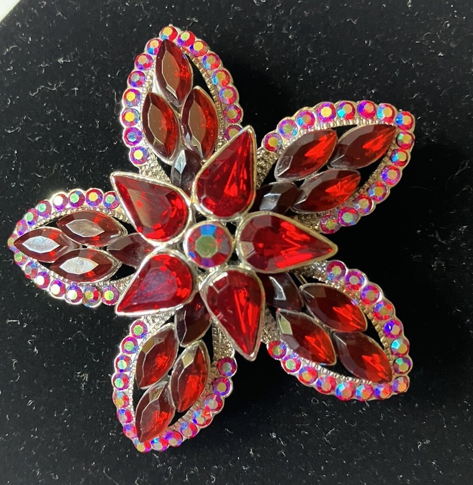 Red Rhinestone Flower Brooch 2 Inches