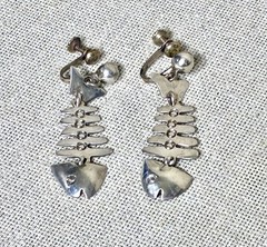 Taxco Silver Fish Dangle Earrings signed IP with Eagle Modernist Screw Back