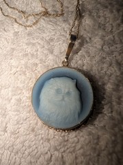 Onyx Cat Round Cameo Blue White Round Pendant 14K Gold Surround 3.6 G