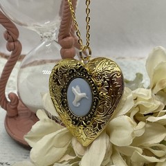 Gold Heart Locket Photo Birthday Anniversary Wedding Hummingbird Blue Necklace