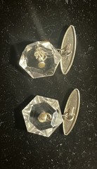 Vintage Rock Crystal Cufflinks “Hexagon” W/Original Wooden Box/unmarked/silver