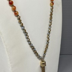 Stone Tassel Necklace Blue Gray Orange Gemstone Beads Graduating Chakra Long 32″