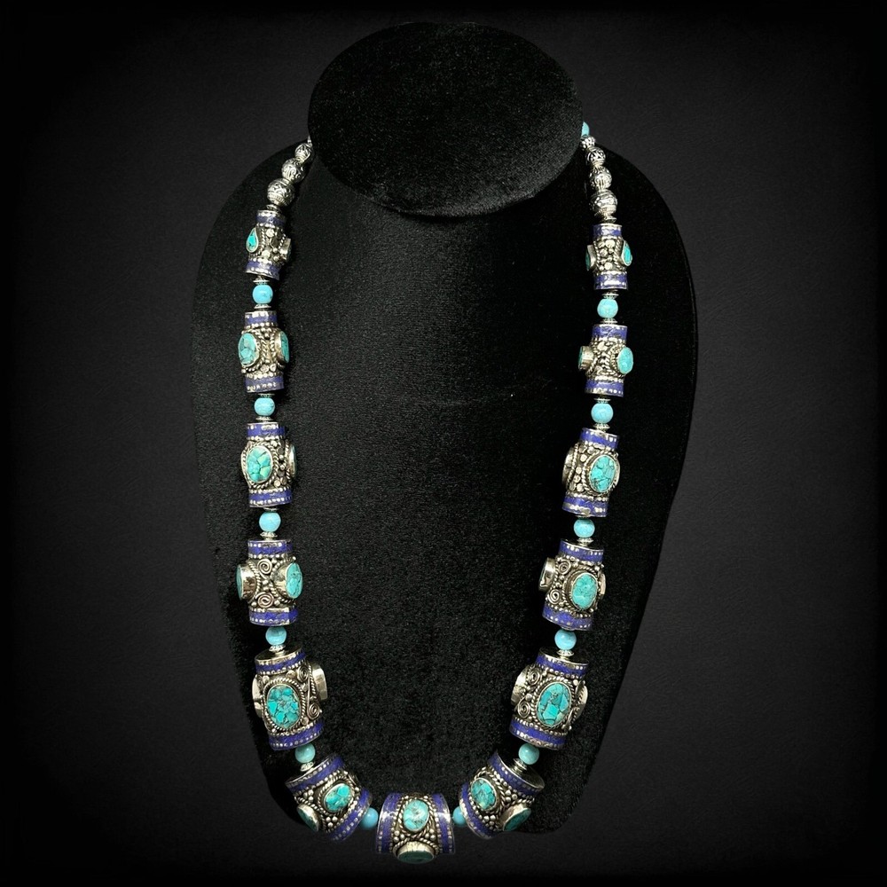 Nepali Ethnic Jewelry Beautiful Turquoise Tube Huge Vintage Handmade Necklace